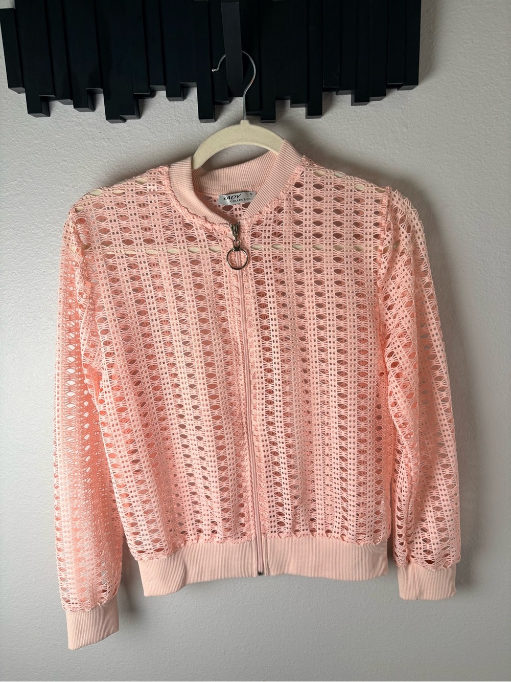 Light Pink Open Knit Crochet Cotton Bomber Jacket Women’s Size S